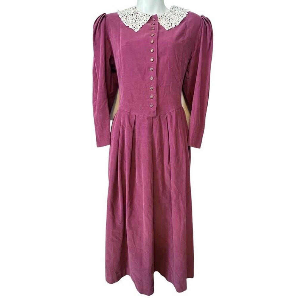All Week Long Pink Coquette Corduroy Prairie Midi Lace Collar Vintage Dress 8P